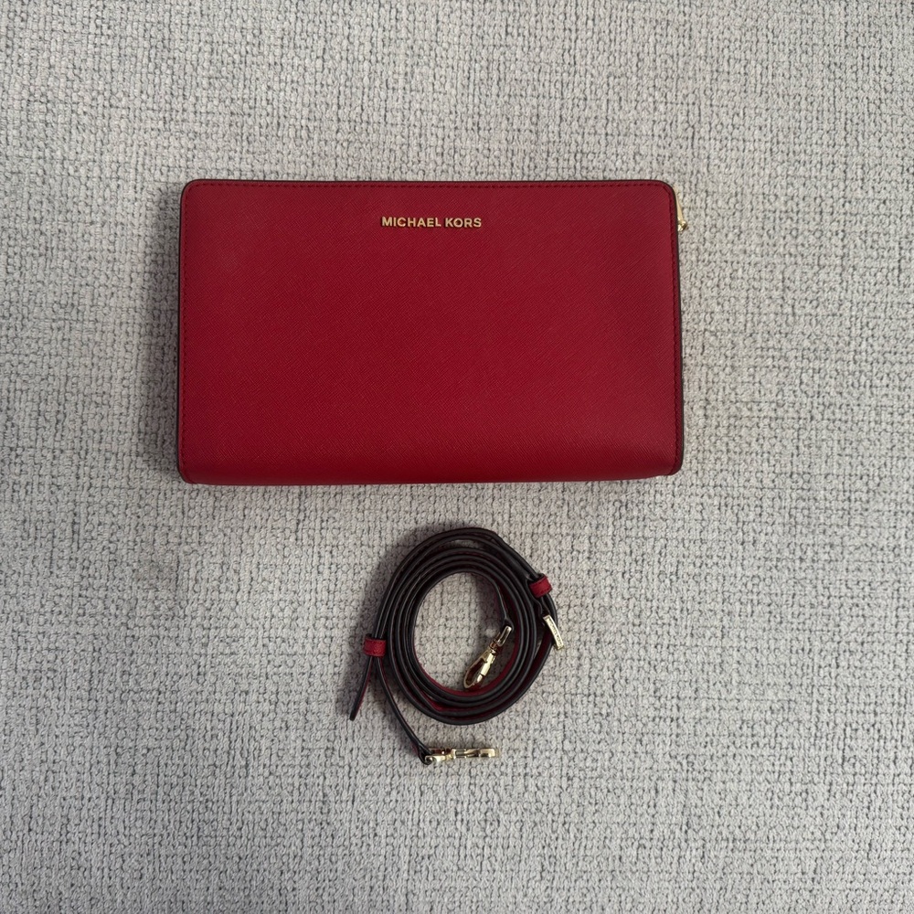 Michael Kors Red Jet Set Travel Leather Crossbody Clutch